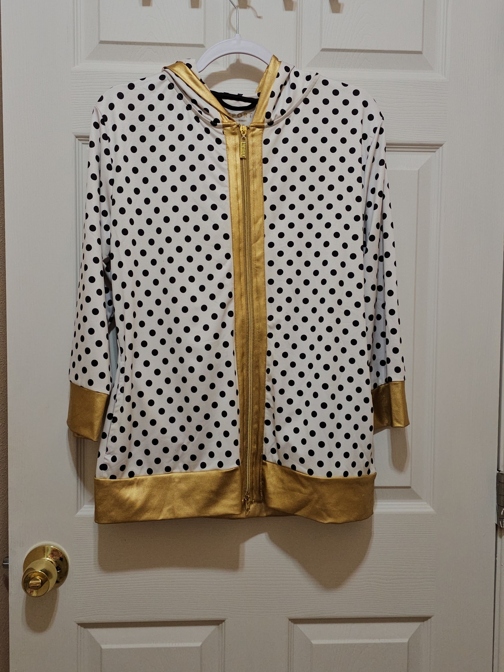 Isaac Mizrahi White Polka Dot Hoodie with Gold Trim